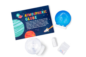 Atmospheric globe instructions and materials. Includes empty globe, fizzing dye tablets, and rheoscopic fluid.