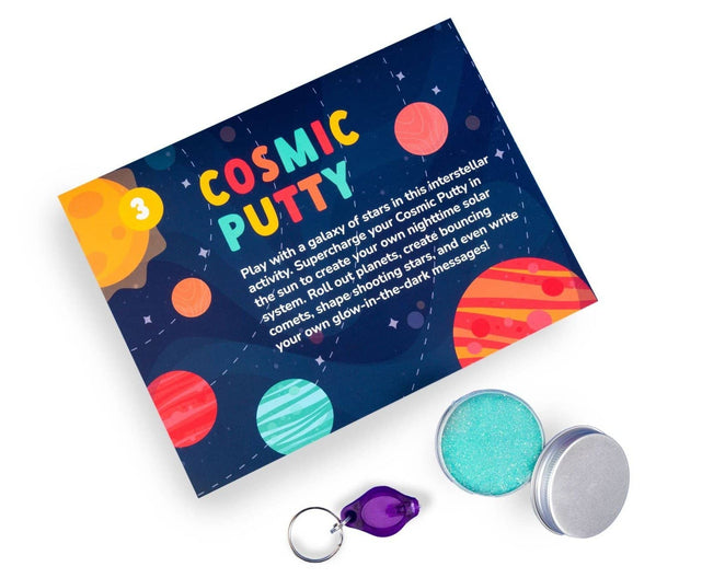 Cosmic Putty instructions and materials. Includes space putty and mini blacklight.