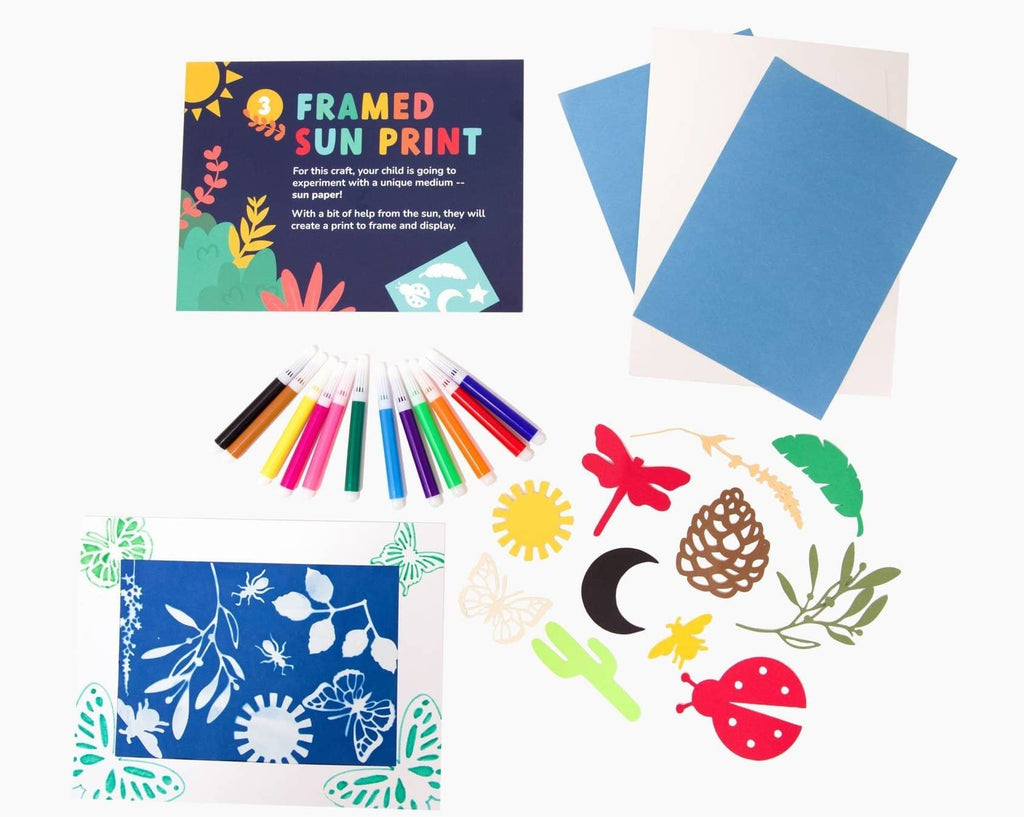 Framed sun print materials and instructions. Includes sun print paper, nature stencils, markers, and a frame.