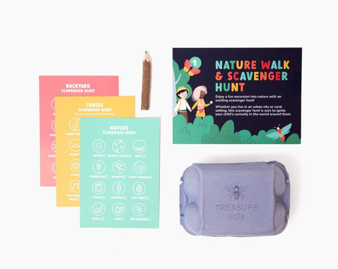 Nature walk & scavenger hunt materials and instructions. Includes wooden pencil, three scavenger hunt cards, and an egg carton treasure box.