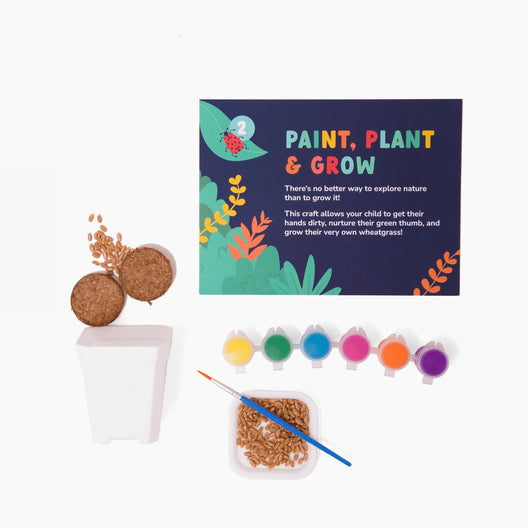 Paint, plant, and grow materials and instructions. Includes soil, seeds, planter, paint, and paintbrush. 